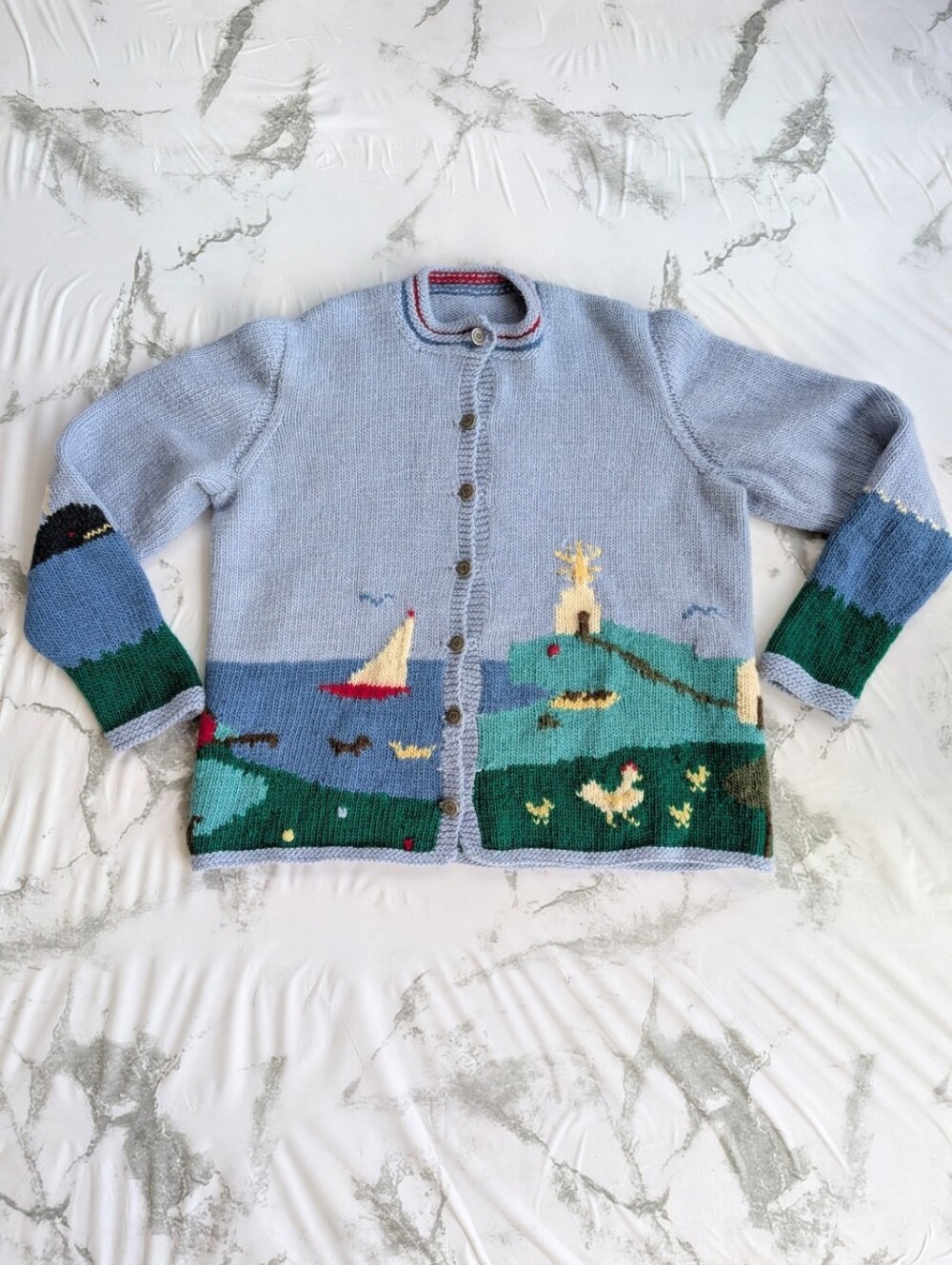 Rare Vintage Hand Knitted Graphic Hot Air Folk Sweater Cardigan Women's Large - Picture 2 of 11